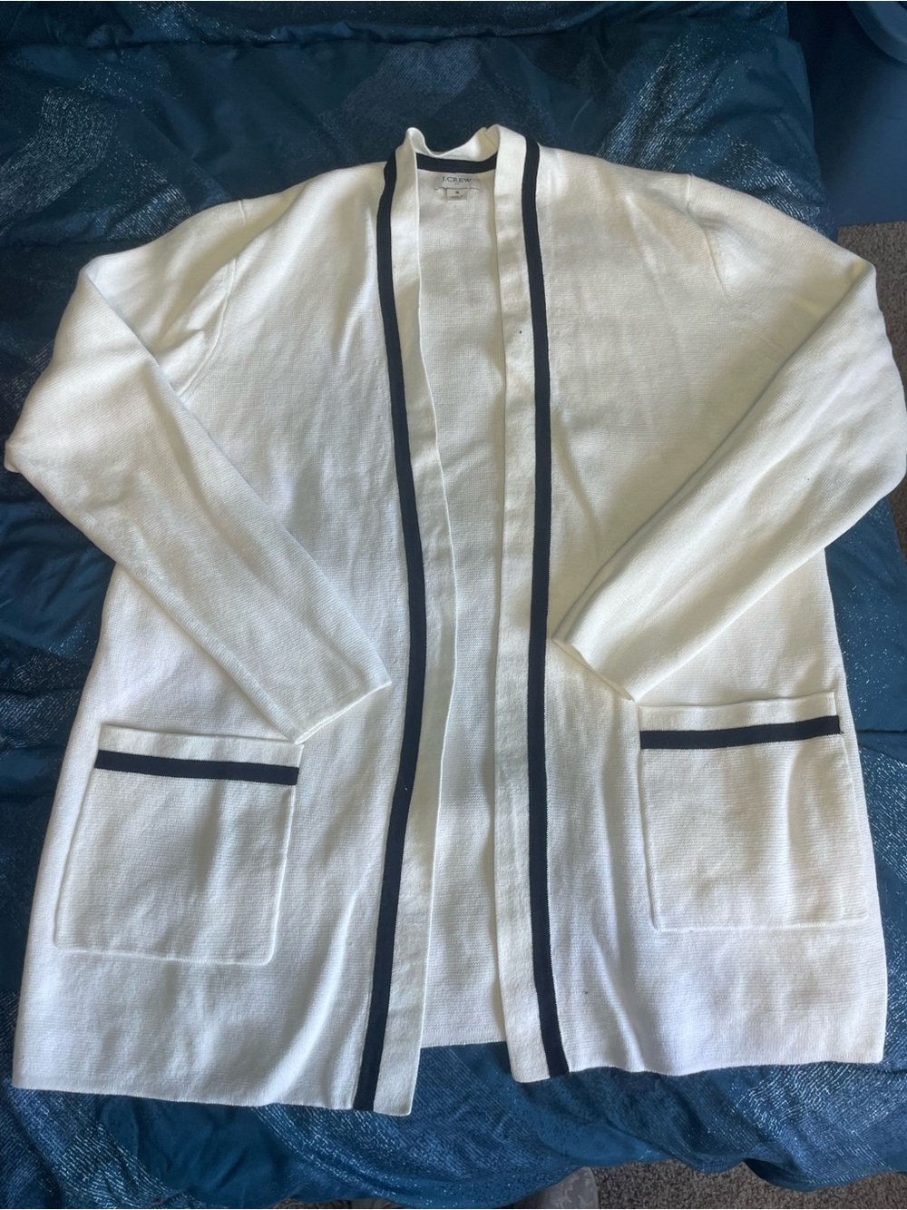 J. Crew White Open-Front Cardigan with Black Trim Size S
